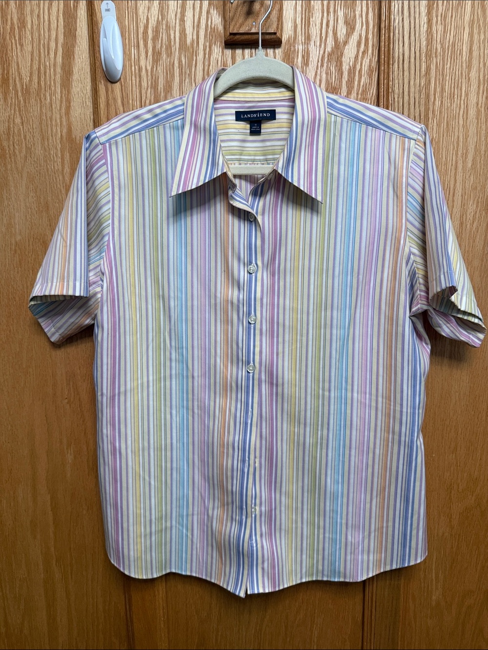 Lands' End Pastel Multi-Stripe Short-Sleeve Button-Up Shirt
